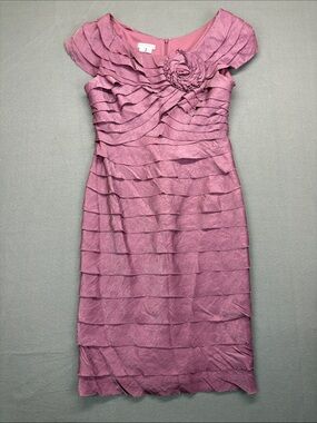 London Times Women’s Pink Tiered Ruffle Sheath Dress with Rosette Detail Sz. 8